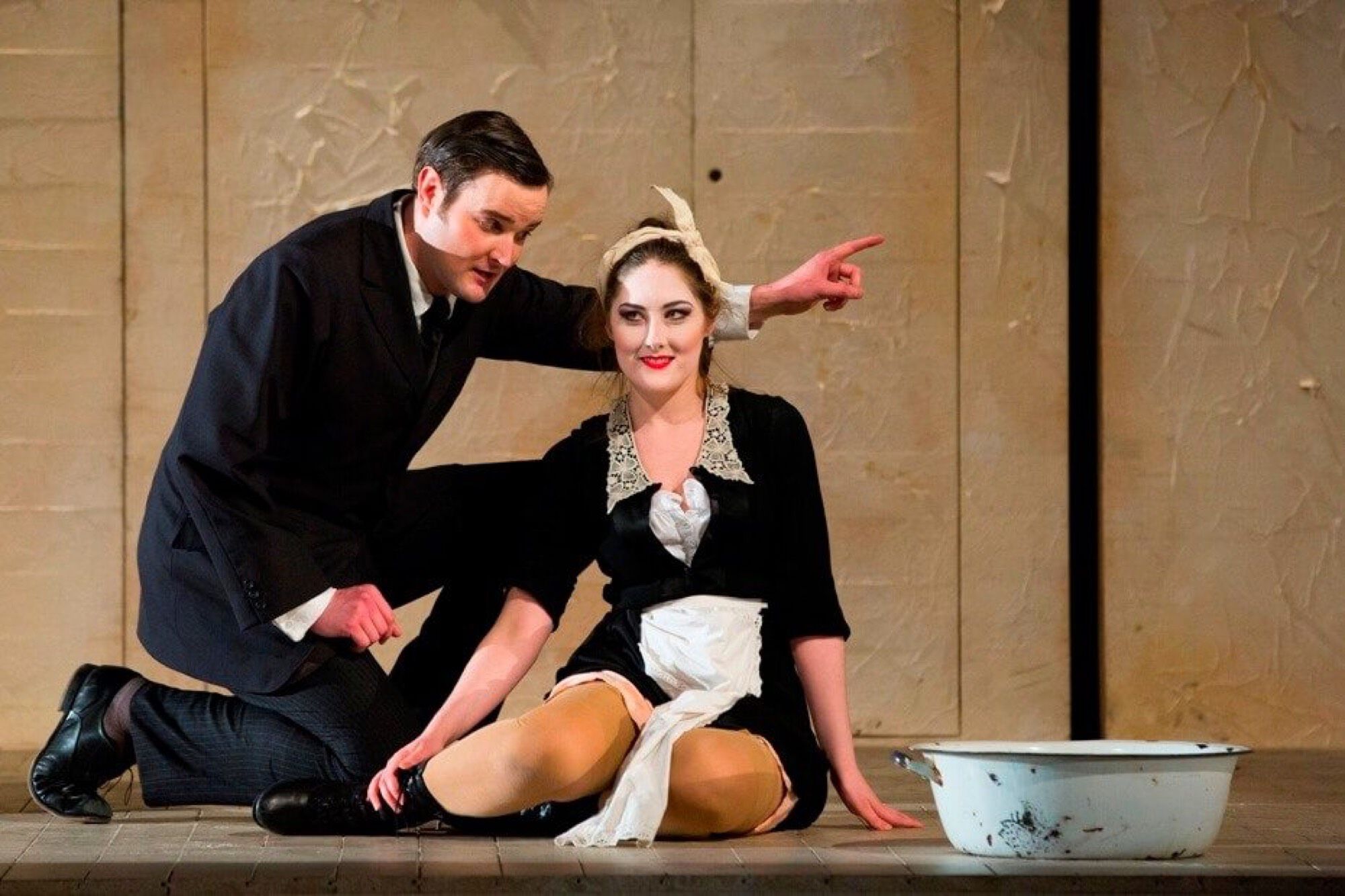 Nicholas Lester As Josef K With Emma Kerr As Washerwoman In The Trial. Scottish Opera 2017. Credit James Glossop.