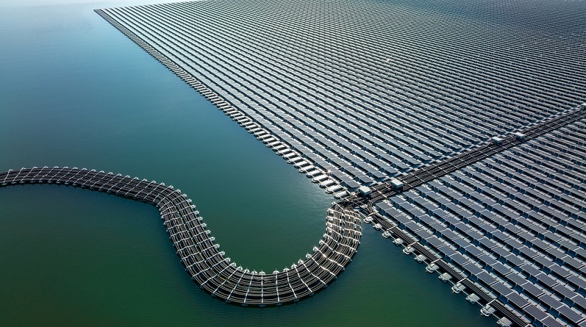 Aerial view floating solar cell power plant with solar cell gene