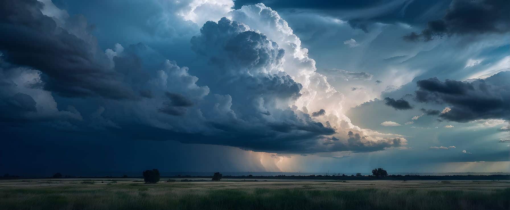 fluffy clouds drifting in a dark sky with distant thunderclouds