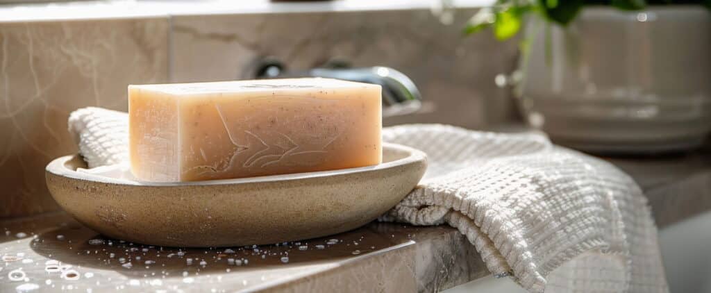 Beautiful Handmade Soap On A Washbasin In A Luxury Bathroom