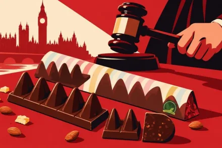 Hegycsúcs alakú csokoládék és bírói kalapács – per a vegán csoki formája miatt – Londoni Felsőbíróság