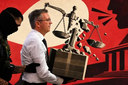 Őrizetbe vételt és összetört mérleget ábrázoló jelenet – Magyar Péter szerint Orbán kijelentése cáfolja Hankó Balázs