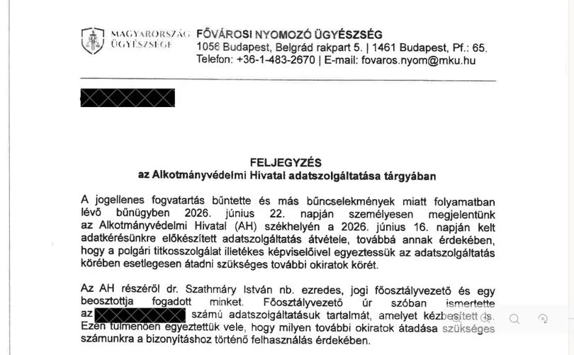 Ügyészségi feljegyzés első oldala – az aranykonvoj lefoglalását Orbán Viktorhoz kötő ügyészségi irat