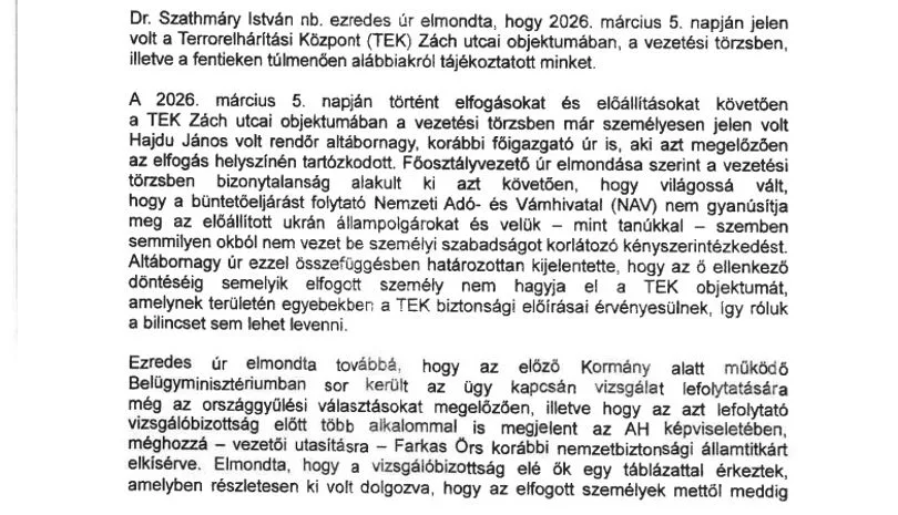 Ügyészségi feljegyzés részlete – Orbán Viktorhoz kötik az ukrán pénzszállítók elfogását